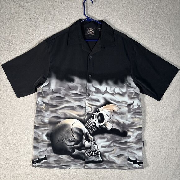Rockhouse Roadhouse Shirt Men’s Size L Button Up Black Grey Skulls Guy Fieri Y2K